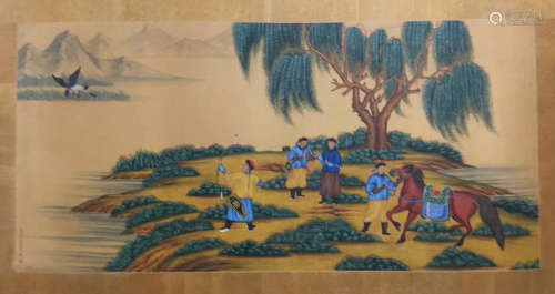 A Chinese Painting Silk Scroll, Lang Shining Mark