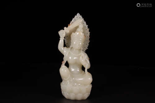 A Chinese Carved Hetian Jade Statue of Manjusri Bodhisattva