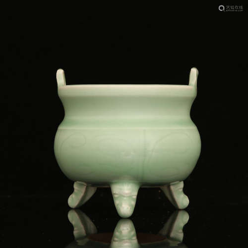 A Chinese Longquan Kiln Light Greenish-blue Glaze Porcelain Threeplegged Incense Burner