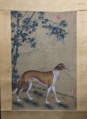 A Chinese Dog Painting Silk Scroll