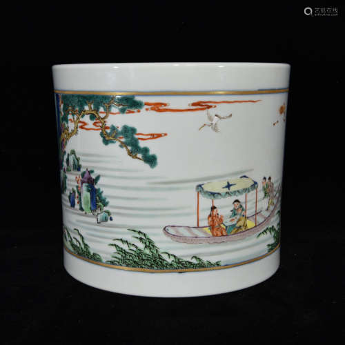 A Chinese Famille Rose Blue and White Inscribed Porcelain Brush Pot