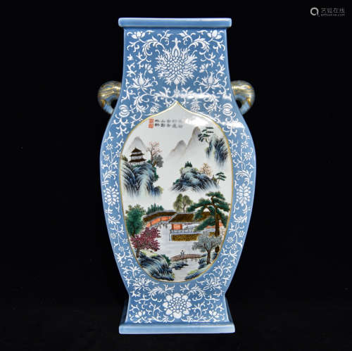 A Chinese Blue Glazed Famille Rose Landscape Porcelain Vase