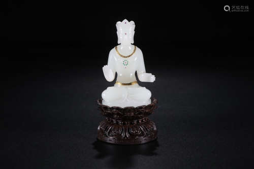 A Chinese Carved Hetian Jade Gild Buddha Statue