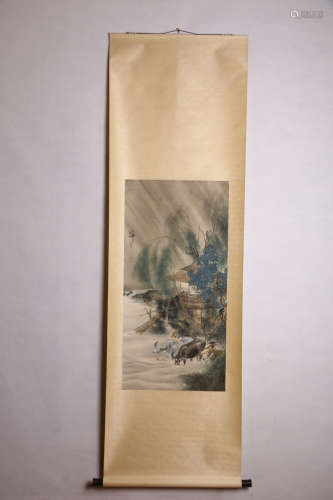 A Chinese Buffalo Painting Scroll, Hu Yefo Mark