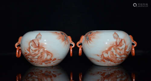 A Pair of Chinese Iron Red Arhat Painted Porcelain Brush Pots