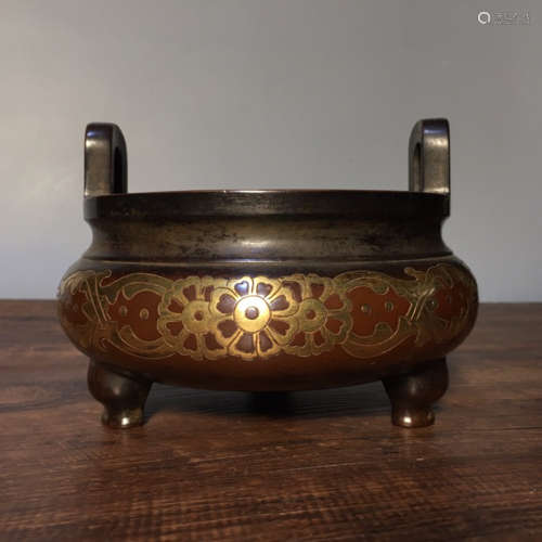 A Chinese Gild Red Copper Incense Burner