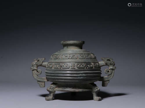 A Chinese Copper Dragon Ears Incense Burner with Cover