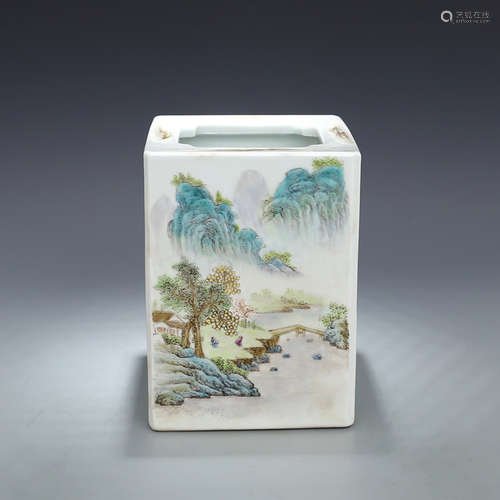 A Chinese Light colorful porcelain Square Brush Pot