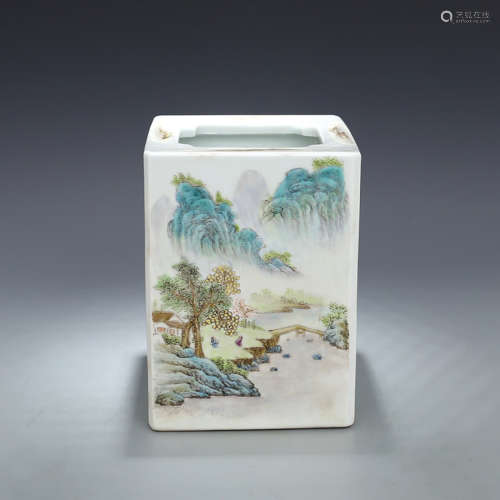 A Chinese Light colorful porcelain Square Brush Pot