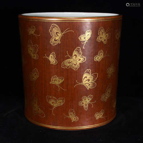 A Chinese Wood Grain Flower&bird Pattern Porcelain Brush Pot