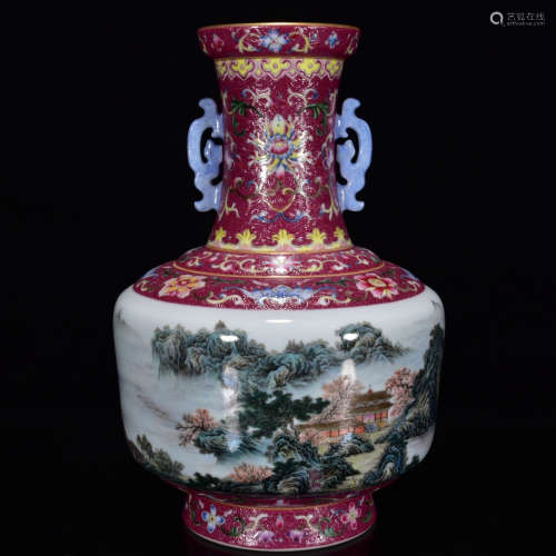 A Chinese Famille Rose Landscape Porcelain Vase with Double Ears