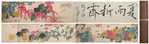 A Chinese Flowers Painting Hand Scroll, Qi Baishi Mark