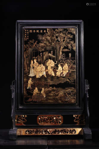 A Chinese Gild Painted Rosewood Table Screen