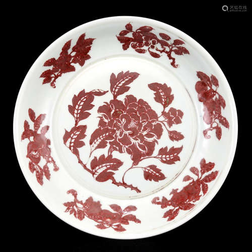 A Chinese Underglazed Red Peony Porcelain Plate