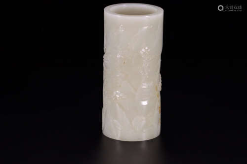 A Chinese Carved Hetian Jade Brush Pot