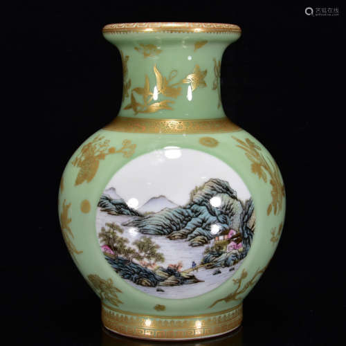 A Chinese Pea Green Glazed Gild Landscape Painted Porcelain Vase