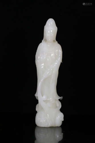 A Chinese Carved Hetian Jade Guanyin Statue