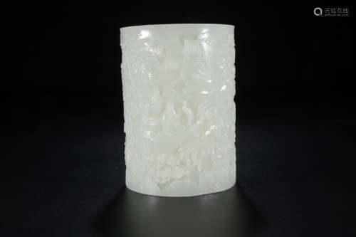 A Chinese Carved Hetian Jade Brush Pot