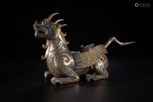A Chinese Gold and Silver Inlaying Copper Beast Ornament