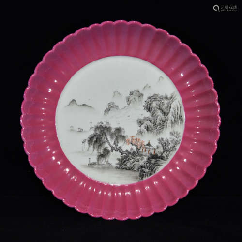 A Chinese carmine Ink Landscape Painted Porcelain Plate