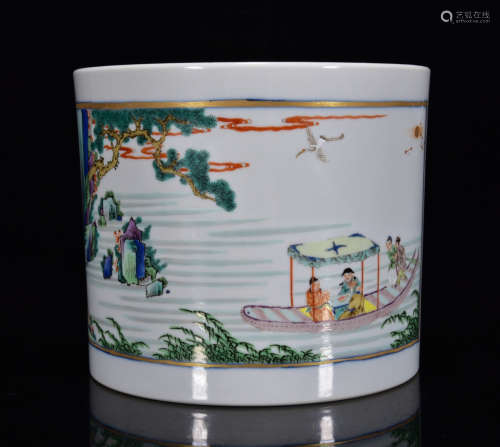 A Chinese Blue and White Famille Rose Figures Painted Porcelain Brush Pot