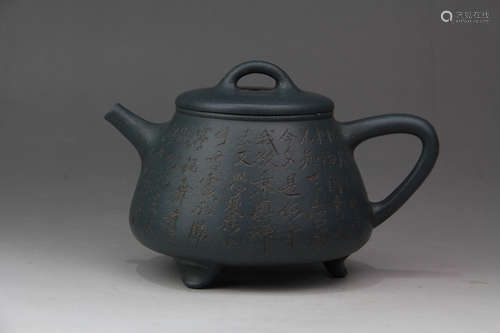 A CHINESE INSCRIBED GREEN PURPLE SAND TEAPOT