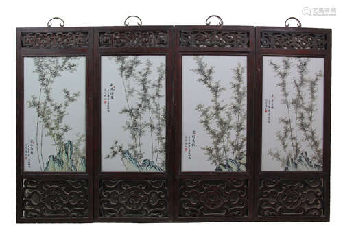 4 CHINESE INK COLOR ARHAT FAMILLE ROSE PORCELAIN PAINTING SCREENS, XU ZHONGNAN MARK