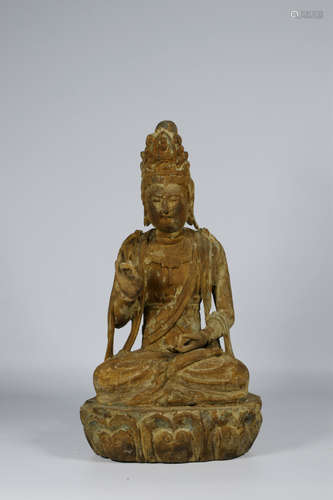 WOOD CARVED SEATED GUANYIN FIGURE