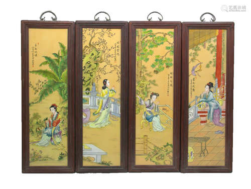 4 CHINESE YELLOW FAMILLE ROSE FIGURES PAINTING SCREENS