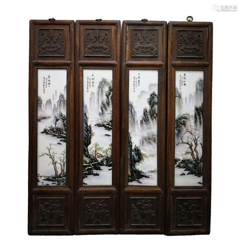 4 CHINESE FAMILLE ROSE LANDSCAPE PORCELAIN PLATE PAINTING SCREENS, ZHANG ZHISHAN MARK