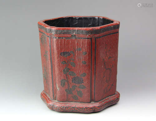 A CHINESE HEXAGON LACQUERWORK BRUSH POT