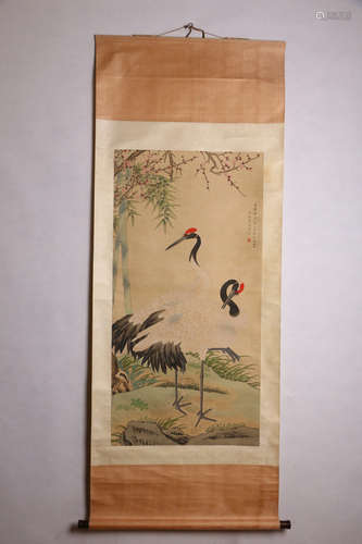 A CHINESE RED-CROWNED CRANE PAINTING SCROLL, BIAN JINGWEN MARK