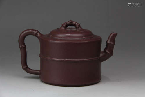 A CHINESE BAMBOO JOINT PATTERN PURPLE SAND TEAPOT, GU JINGZHOU MARK