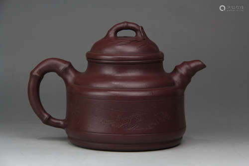 A CHINESE BAMBOO JOINT PURPLE SAND TEAPOT