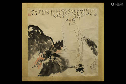 WANG XIJING: INK AND COLOR ON PAPER PAINTING 'SCHOLAR IN MOUNTAIN'