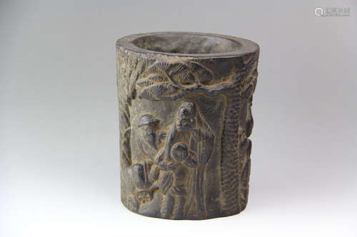 A CHINESE FIGURE CARVED BLUESTONE BRUSH POT