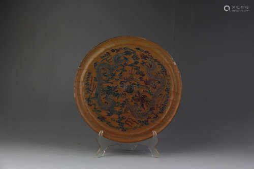 A CHINESE DRAGON PATTERN LACQUERWORK BRONZE MIRROR