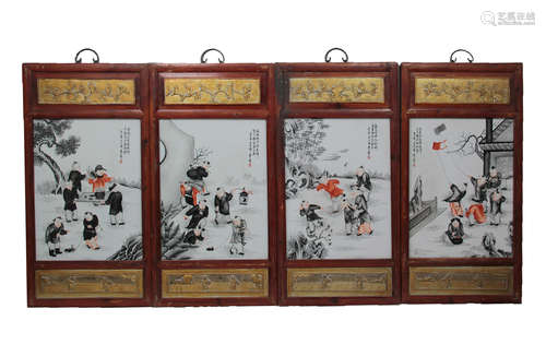 4 CHINESE INK COLORED FIGURES PORCELAIN PLATE PAINTING SCREENS,