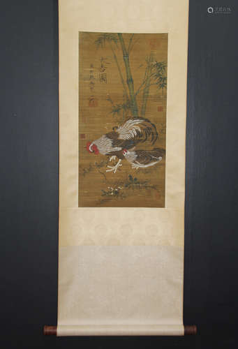 A CHINESE COCK PAINTING SILK SCROLL