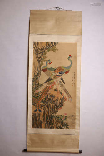 A CHINESE PEACOCK PAINTING, JIANG TINGXI MARK