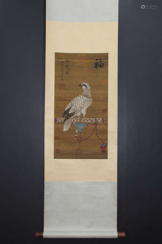 A CHINESE EAGLE PAINTING SILK SCROLL