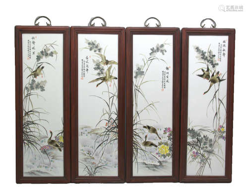 4 CHINESE FAMILLE ROSE FLOWER&BIRD PATTERN PORCELAIN SCREENS, LU YUNSHAN MARK