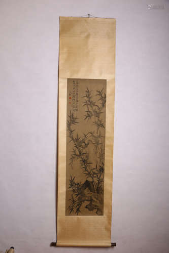 A CHINESE INK BAMBOO PAINTING SILK SCROLL