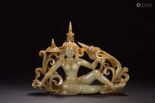 JADE CARVED SEATED TARA WITH UTPALA