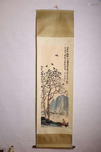 A CHINESE TREE PAINTING SCROLL, QI BAISHI MARK