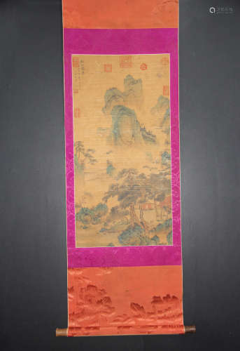 A CHINESE LANDSCAPE PAINTING AND CALLIGRAPHY SILK SCROLL, HUANG GONGWANG MARK