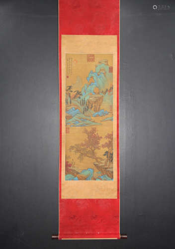 A CHINESE LANDSCAPE PAINTING AND CALLIGRAPHY SCROLL, TANG YIN MARK