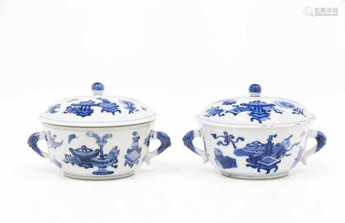 A pair of bowls and coversChinese porcelainBlue underglaze decoration with precious objects