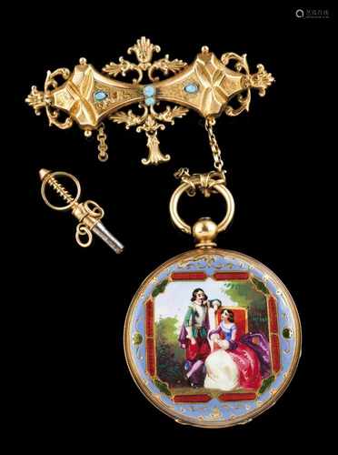 A lapel watchGold 750/1000Case decorated front and back with enamelled paintings depicting