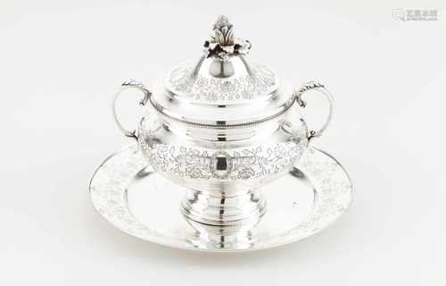 A tureen with cover and trayPortuguese silverBody and cover engraved with foliage motifs ba